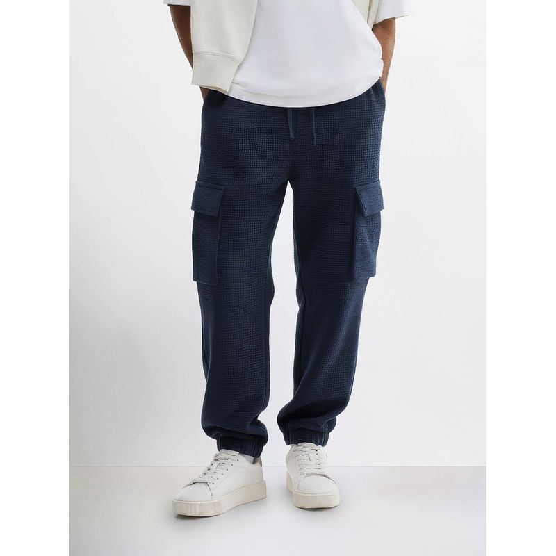 The Indian Garage Co Men Loose Fit Texture Mid-Rise Blue Joggers (30)