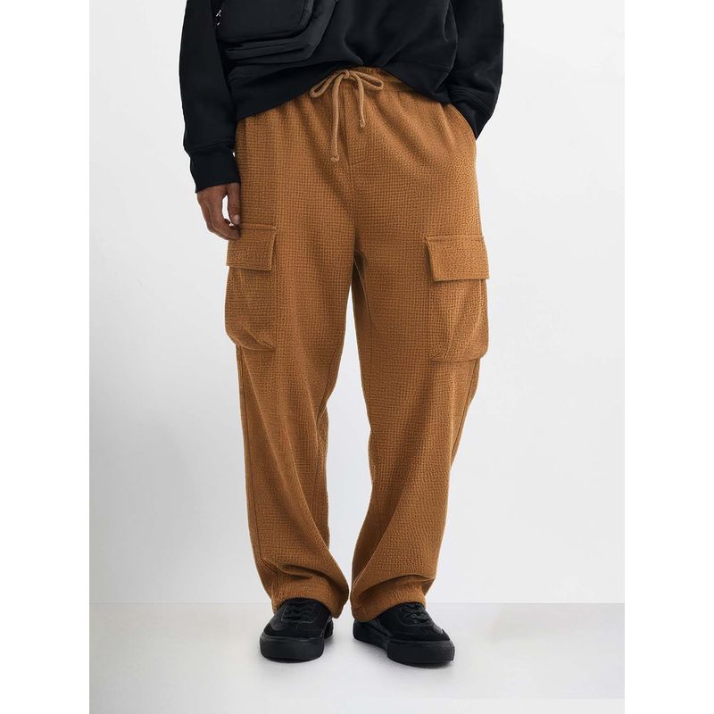 The Indian Garage Co Men Loose Fit Texture Mid-Rise Khaki Joggers (30)