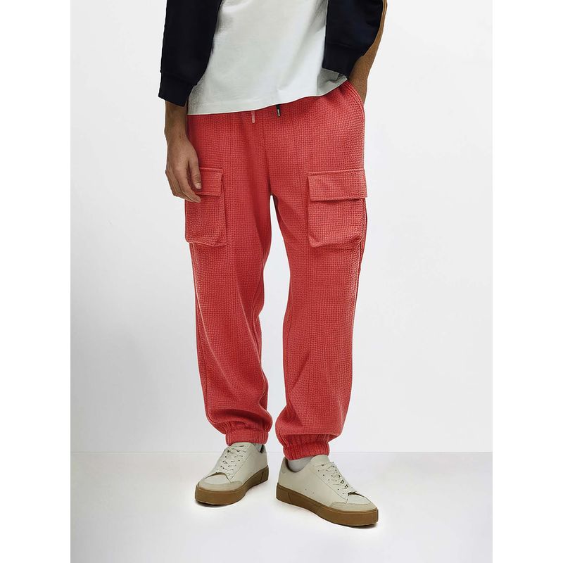 The Indian Garage Co Men Loose Fit Texture Mid-Rise Red Joggers (30)