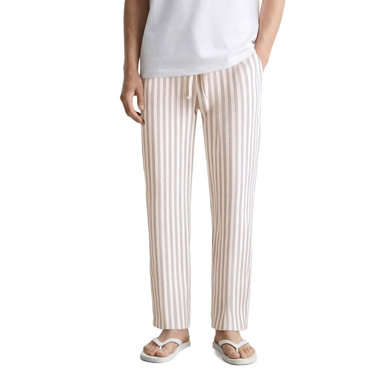 The Indian Garage Co Men Loose Fit Vertical Striped Mid-Rise Cream Trouser (28)