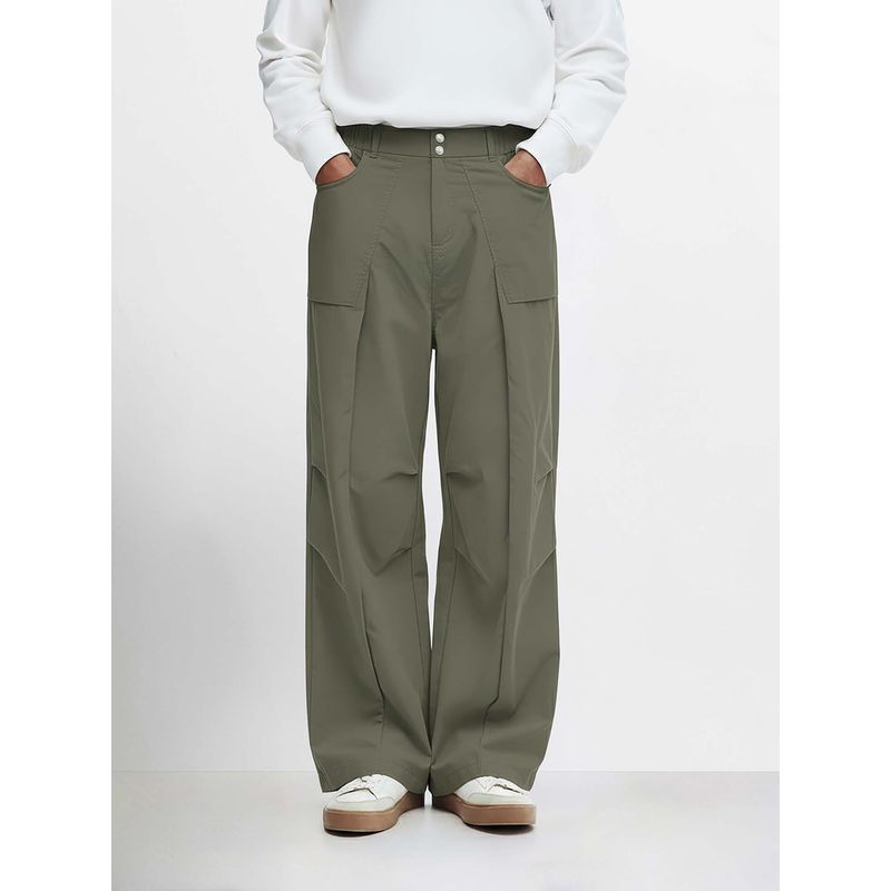 The Indian Garage Co Men Loose Fit Solid Mid-Rise Olive Trouser (34)