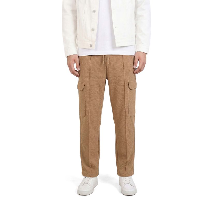 The Indian Garage Co Men Loose Fit Textured Mid-Rise Khaki Cargo (M)