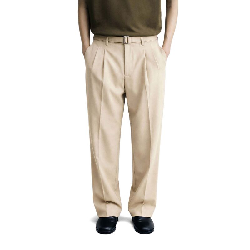 The Indian Garage Co Men Relaxed Fit Solid Mid-Rise Gurkha Beige Trouser With Belt (32)