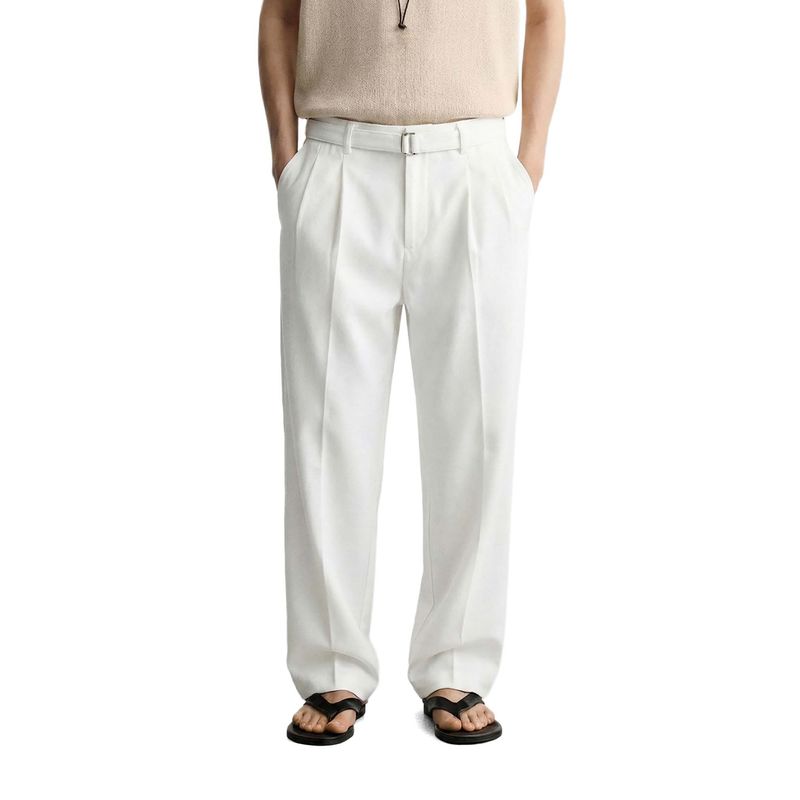 The Indian Garage Co Men Relaxed Fit Solid Mid-Rise Gurkha White Trouser With Belt (30)