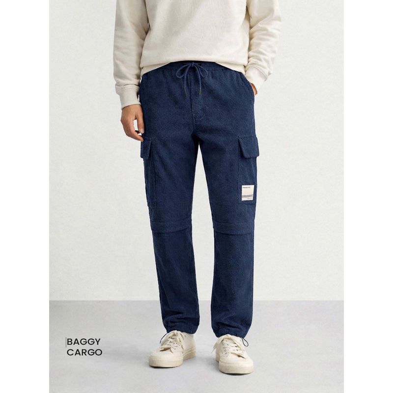 The Indian Garage Co Men Baggy Fit Textured Mid-Rise Blue Cargo (30)