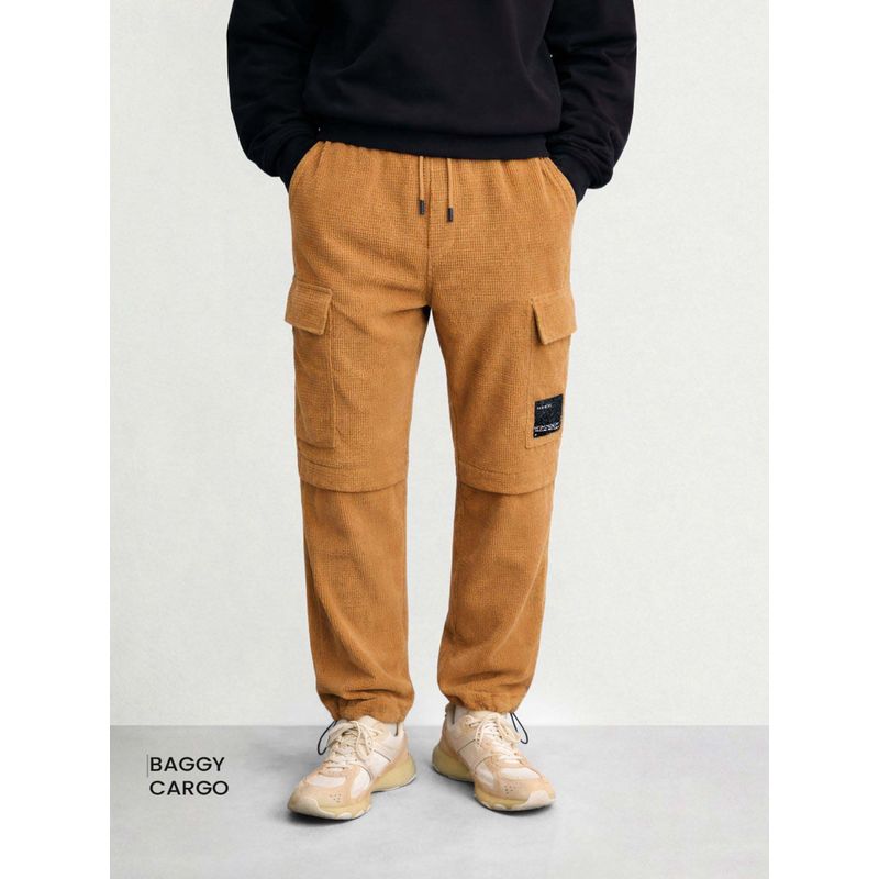 The Indian Garage Co Men Baggy Fit Textured Mid-Rise Khaki Cargo (30)