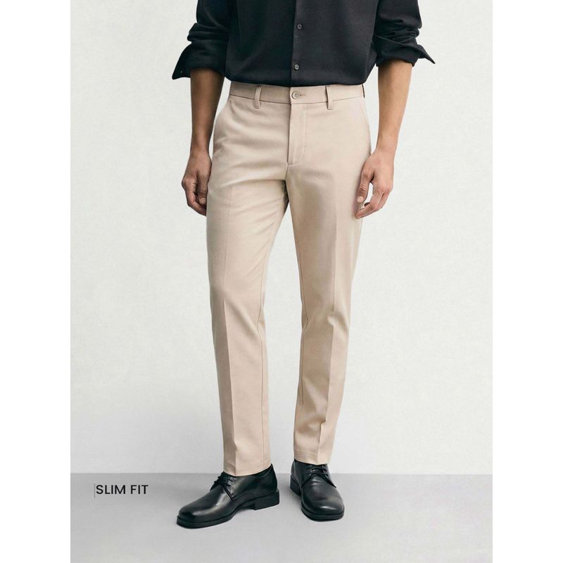 The Indian Garage Co Men Slim Fit Solid Mid-Rise Beige Chinos (30)