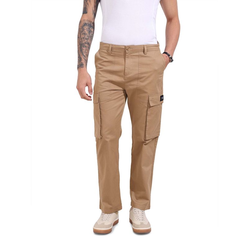 The Indian Garage Co Men Relaxed Fit Solid Mid-Rise Khaki Cargo (30)