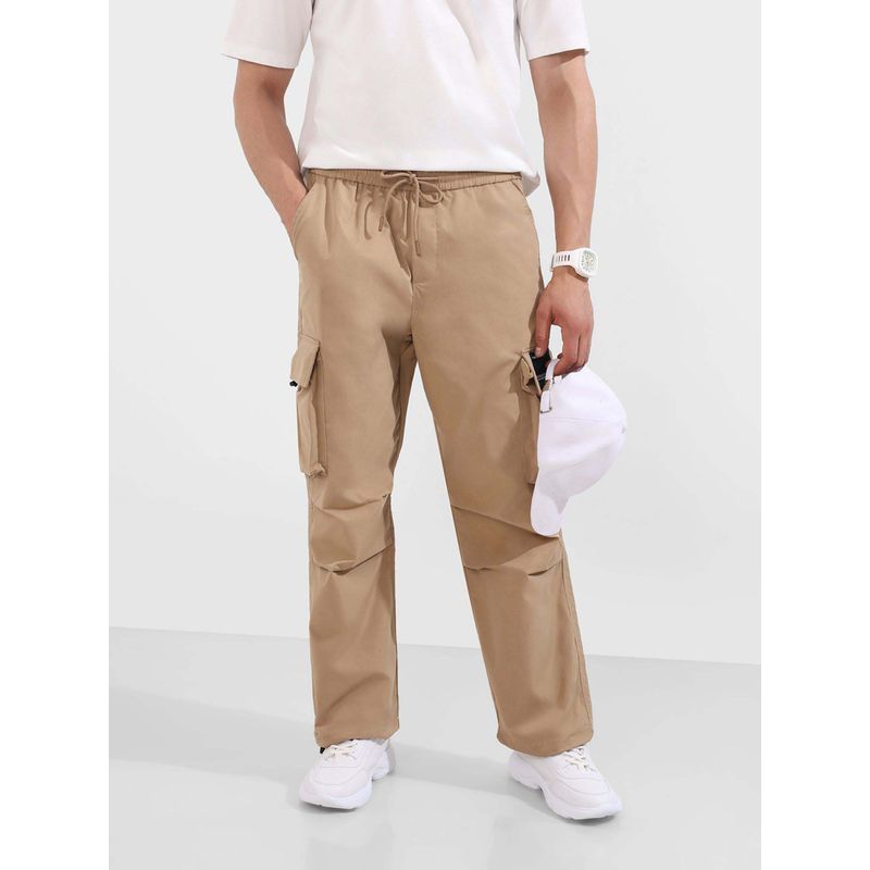 The Indian Garage Co Men Baggy Fit Textured Mid-Rise Khaki Cargo (32)