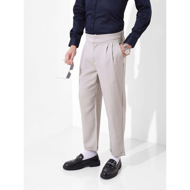 The Indian Garage Co Men Regular Fit Solid Mid-Rise Gurkha Grey Trouser (34)