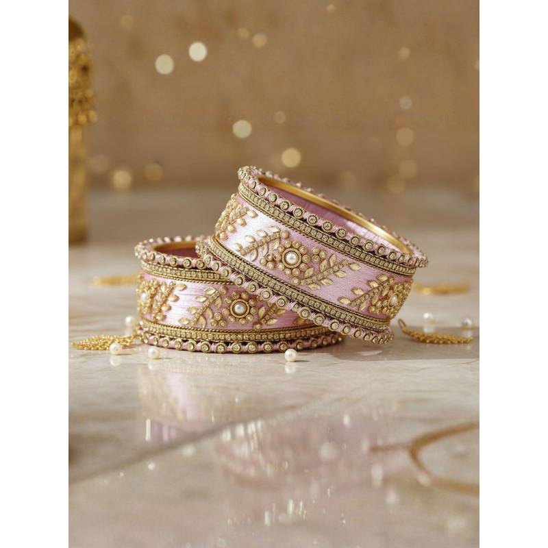 I Jewels Gold Plated Pink Silk Thread Kundan Studded 10 Bangles for Women (2.8)