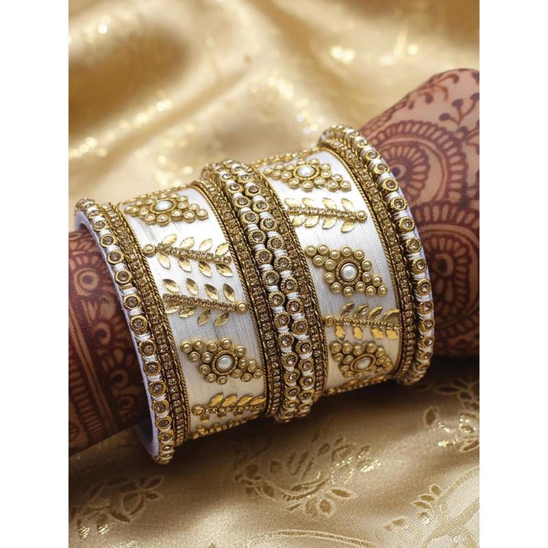 I Jewels Gold Plated White Silk Thread Kundan Studded 10 Bangles for Women (2.4)