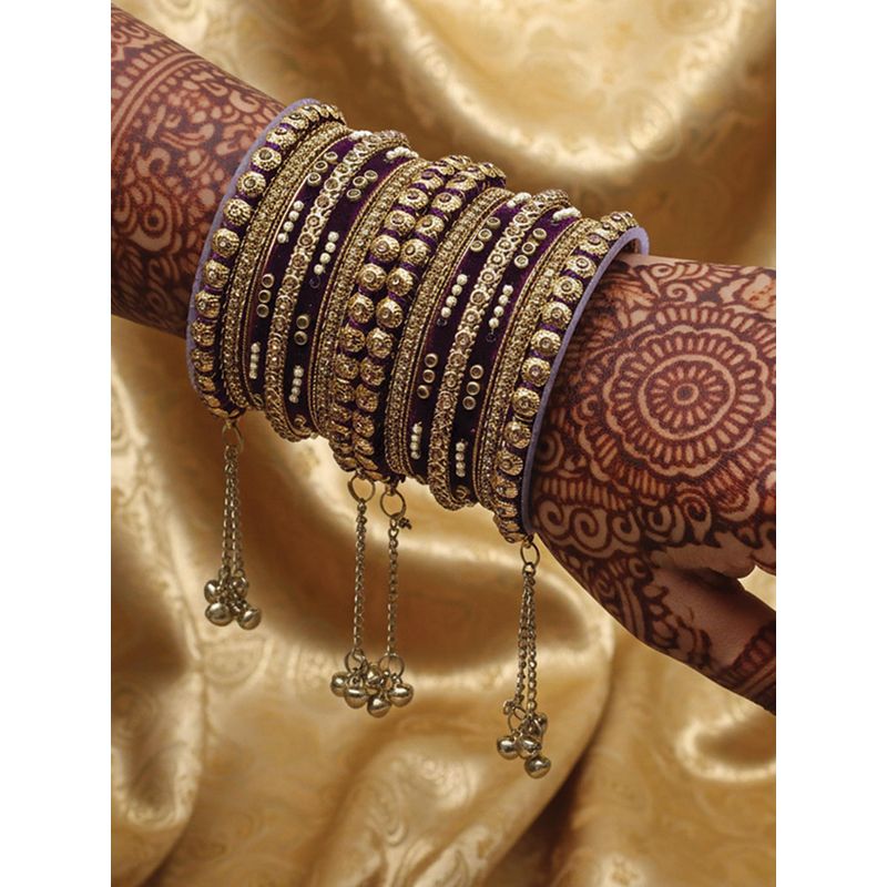 I Jewels Gold Plated Velvet Ghungroo Latkan 14 Bangles for Women (2.4)