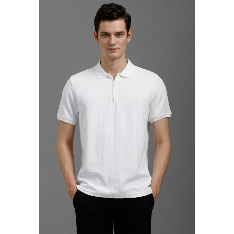 Louis Philippe Men White Textured Polo Neck T-Shirt (S)