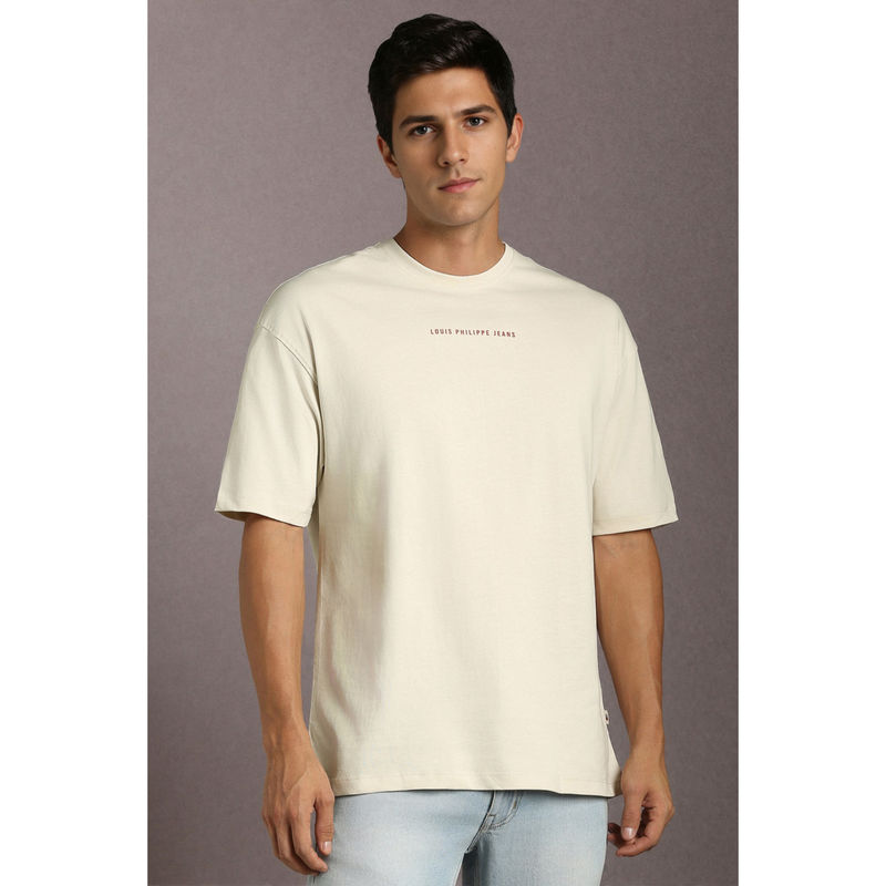 Louis Philippe Men Beige Embroidered Crew Neck T-Shirt (M)