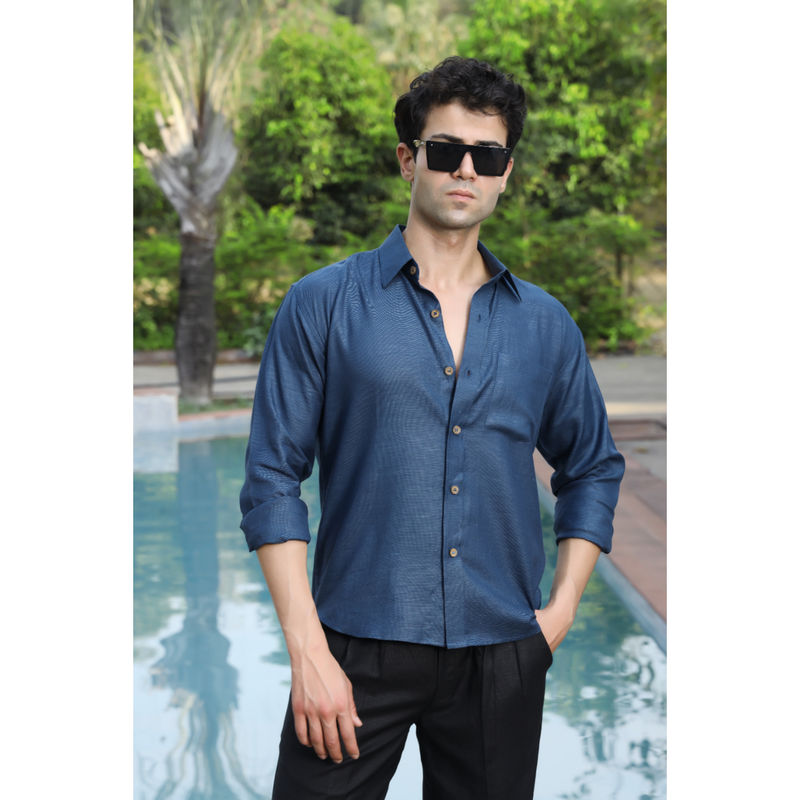 roar for good Navy Blue Hemp Men's Casual Shirt Lightweight Cool and Classic Fit (S)