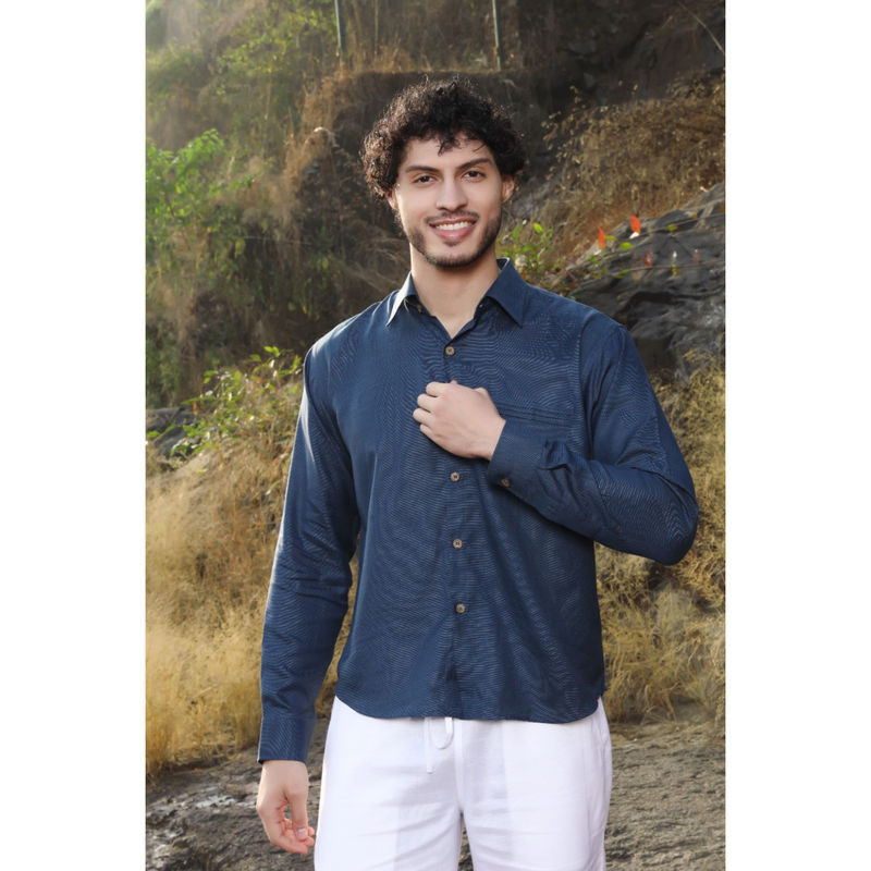 roar for good Navy Blue Hemp Men's Formal Shirt Sleek Moisture-Wicking and Refined Look (S)