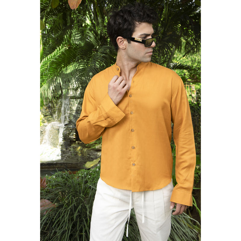 roar for good Mustard Hemp Mandarin Collar Shirt Vibrant Soft and Contemporary Look (M)