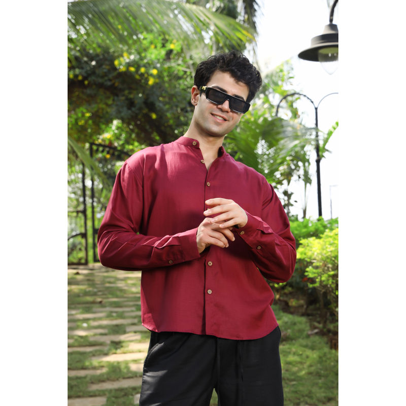 roar for good Wine Hemp Mandarin Collar Shirt Bold Airy and Perfectly Tailored (S)