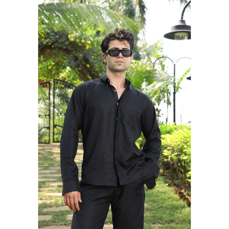 roar for good Black Hemp Concealed Placket Shirt Sleek Stylish and Smooth Finish (S)