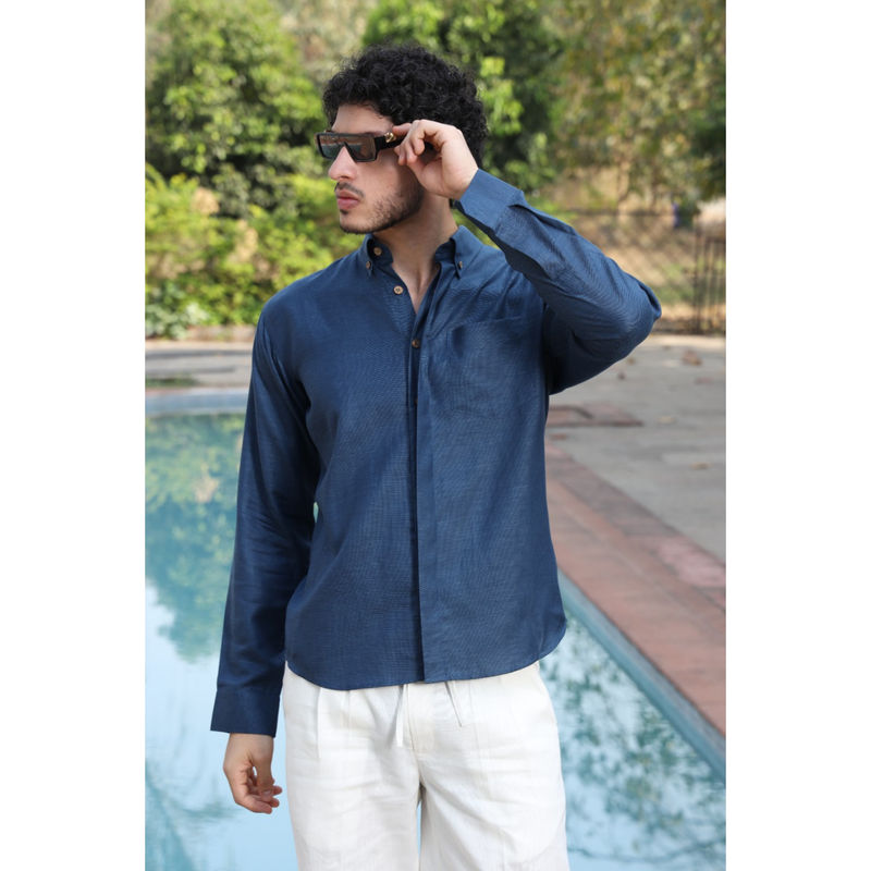 roar for good Navy Blue Hemp Concealed Placket Shirt Timeless Soft and Versatile (XL)