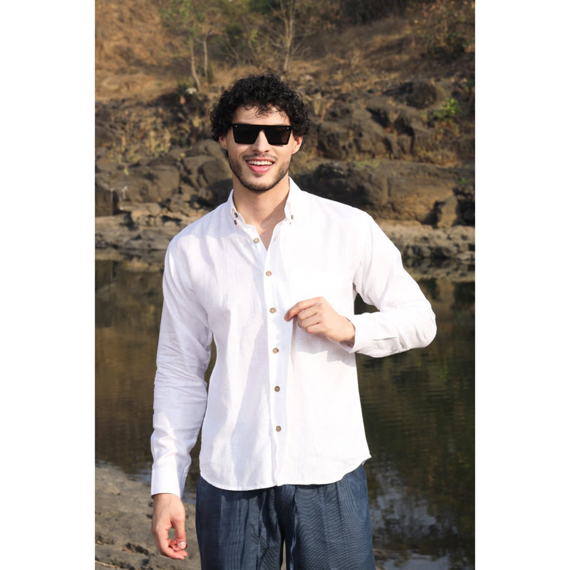 roar for good White Hemp Concealed Placket Shirt Fresh Comfortable and Smart Fit (L)