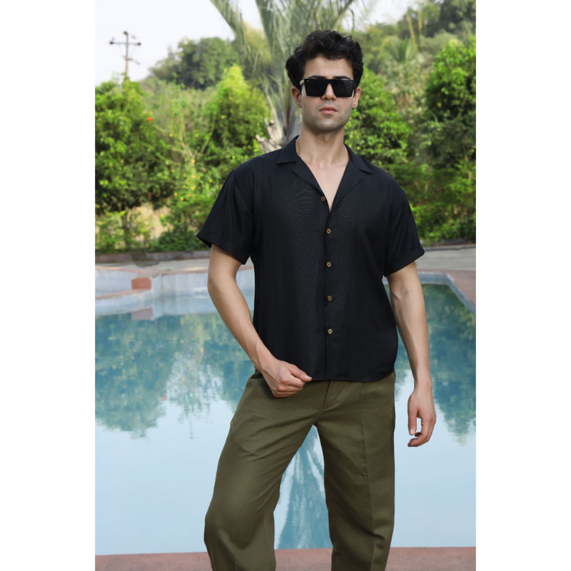 roar for good Black Hemp Cuban Collar Shirt Relaxed Soft and Tropical Vibes (S)