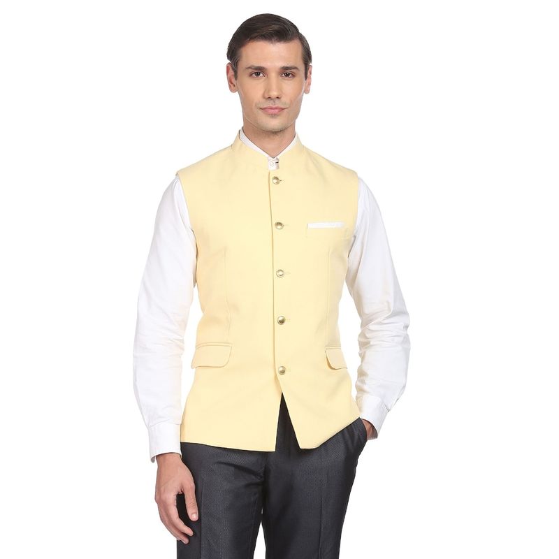 AD By Arvind Men Yellow Textured Tailored Regular Fit Nehru Jacket (38)