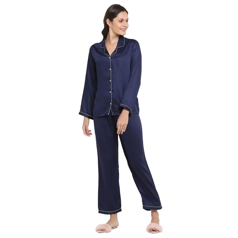 Shopbloom Ultra Soft Navy Blue Modal Satin Long Sleeve Women's Night Suit| Night Wear | - Blue (XS)