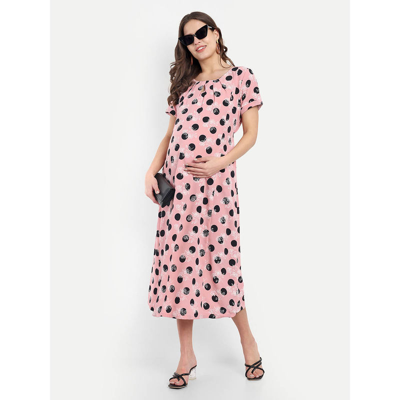 Baby Pink Cotton Polka Printed Keyhole Neck Maternity/Feeding Short Dress