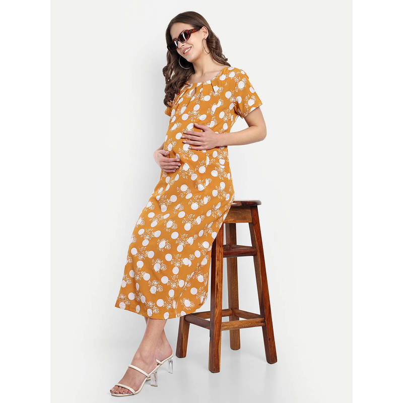 Yellow Cotton Polka Printed Keyhole Neck Maternity/Feeding Short Dress
