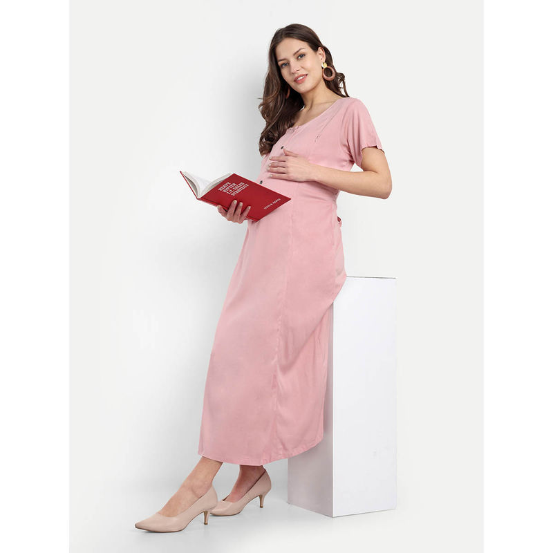 Baby Pink Rayon Solid Round Neck Maternity/Feeding Short Dress