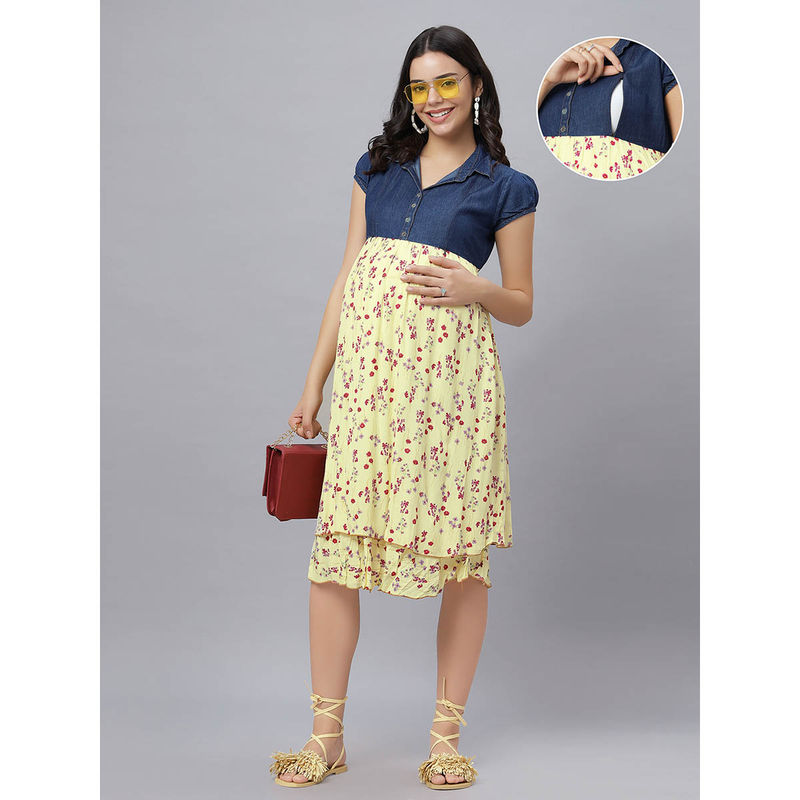 Blue Yellow Floral Denim Collared Neck Printed Maternity/Feeding Short Dress