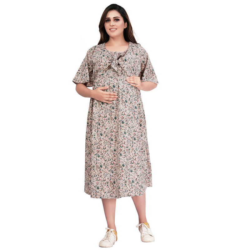 Cream Crepe Floral Round Neck Maternity/Feeding Short Dress