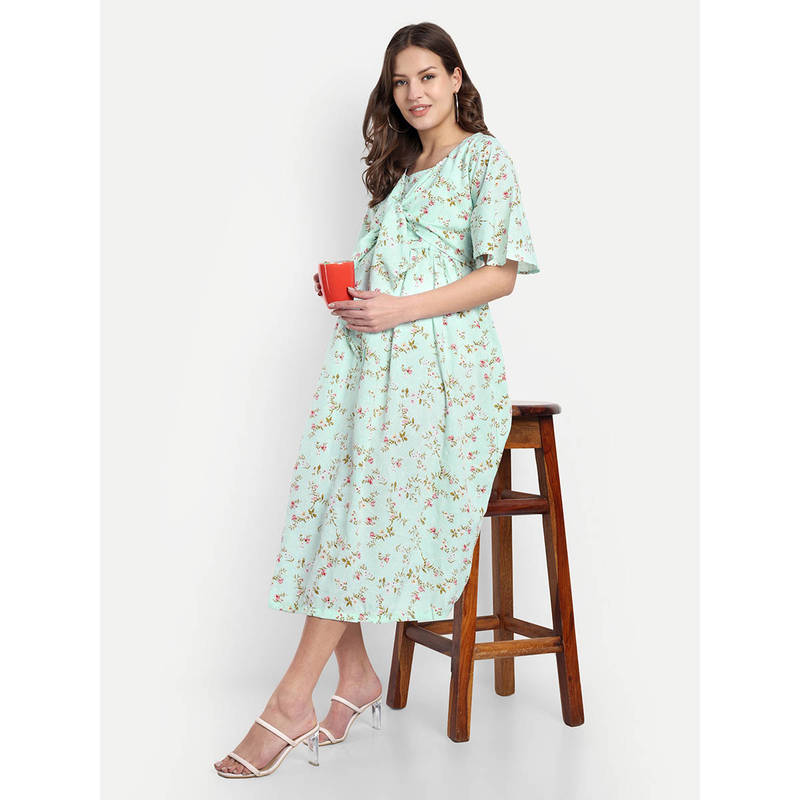 Turquoise Geeen Crepe Floral Round Neck Maternity/Feeding Short Dress