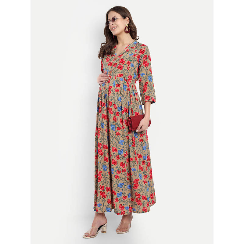 Brown Pink Rayon Floral Collared Neck Maternity/Feeding Long Dress