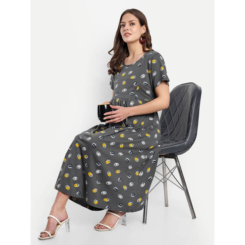 Dark Grey Geometric Printed Round Neck Maternity/Feeding Short Dress