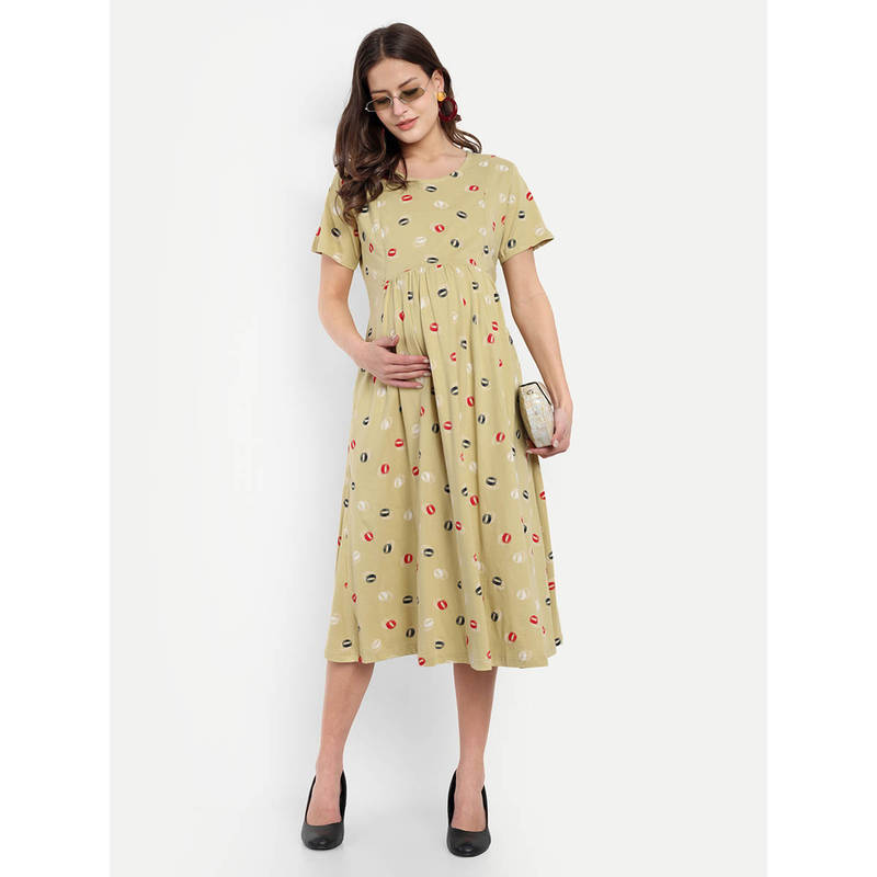 Mastard Yellow Geometric Printed Round Neck Maternity/Feeding Short Dress
