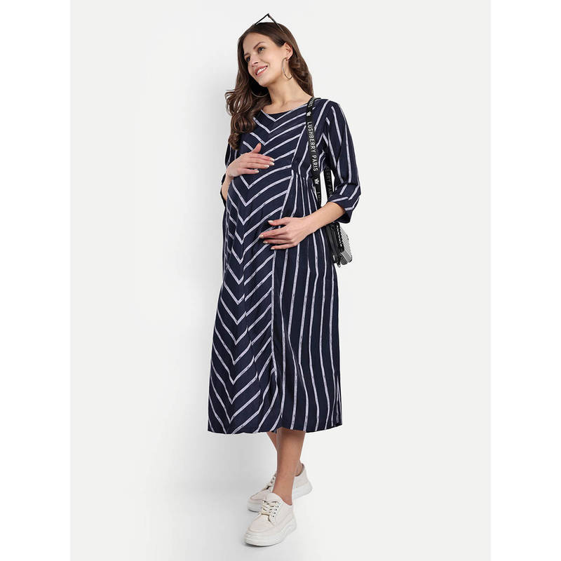 Navy Blue Cotton Stripes Printed Round Neck Maternity/Feeding Short Dress