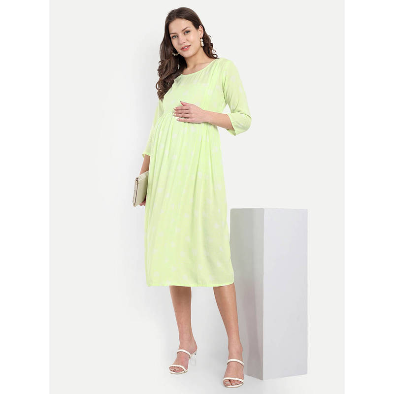 Neon Yellow Geometric Printed Round Neck Maternity/Feeding Short Dress