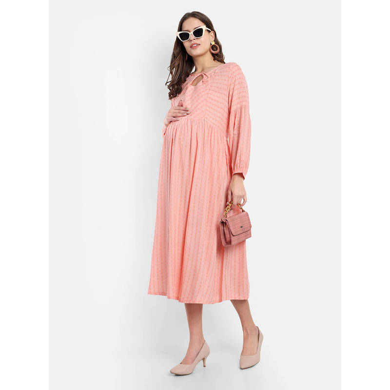 Peach Cotton Stripes Printed Tie Up Neck Maternity/Feeding Short Dress