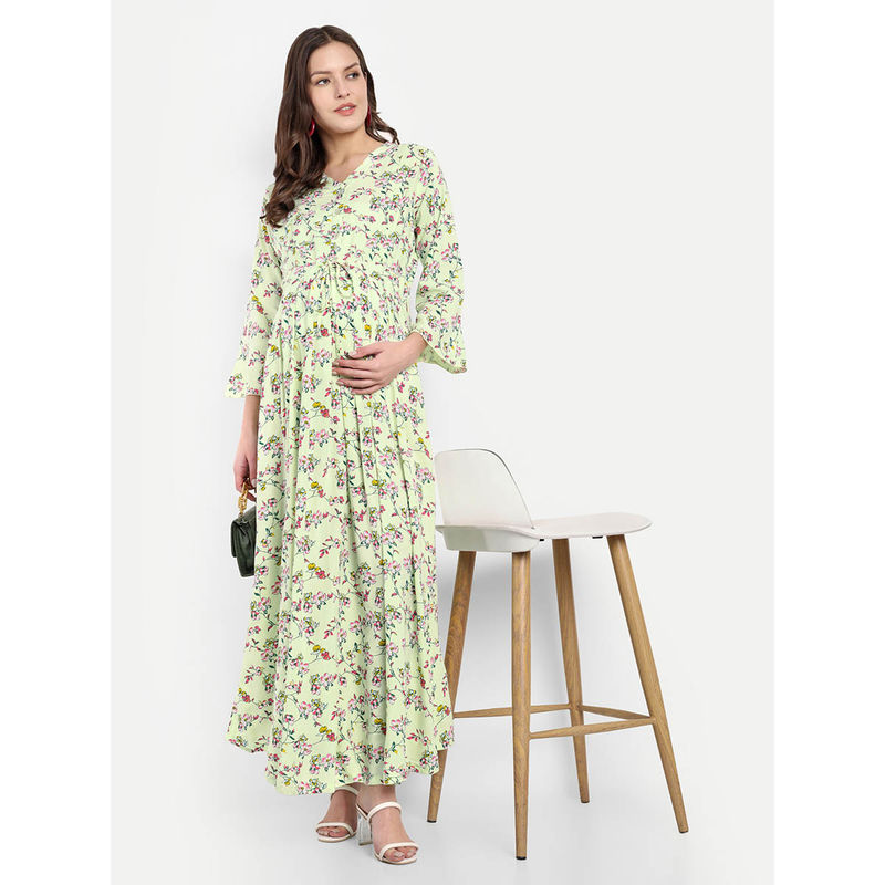 Light Yellow Cotton Floral V-Neck Maternity/Feeding Long Dress