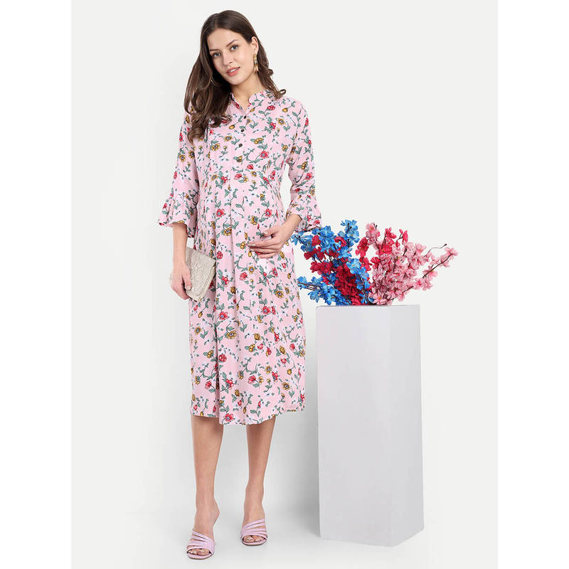 Pink Rayon Floral V-Neck Maternity/Feeding Short Dress