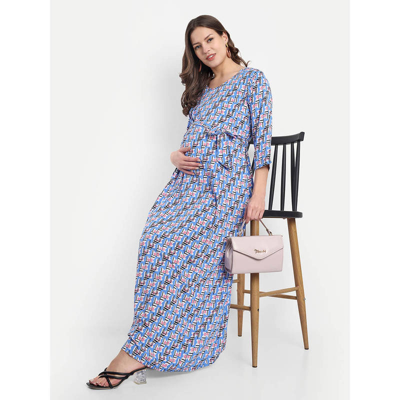 Blue Rayon Printed Round Neck Maternity/Feeding Long Dress