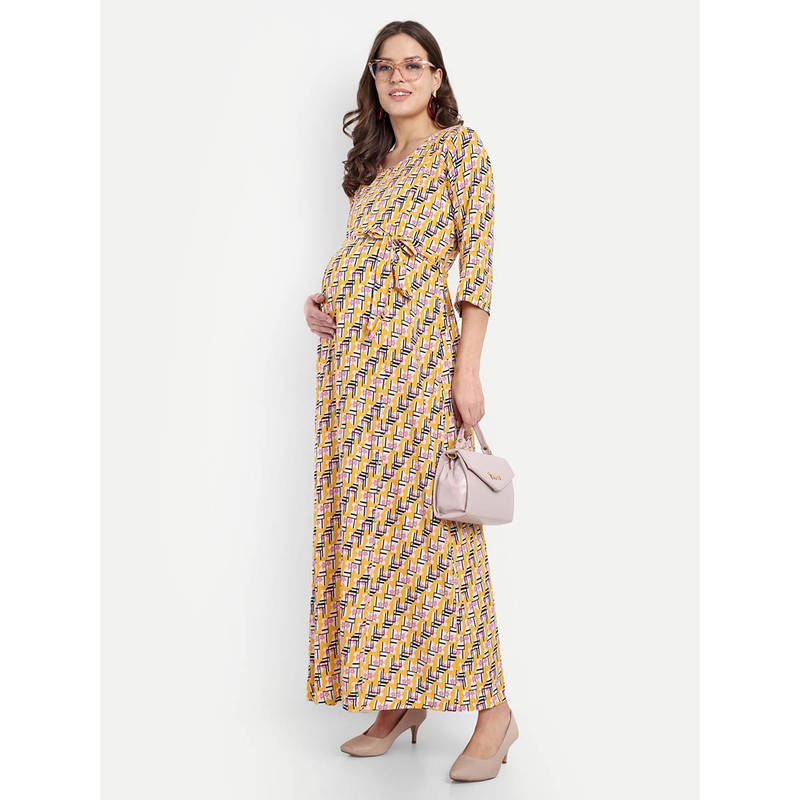 Yellow Rayon Printed Round Neck Maternity/Feeding Long Dress