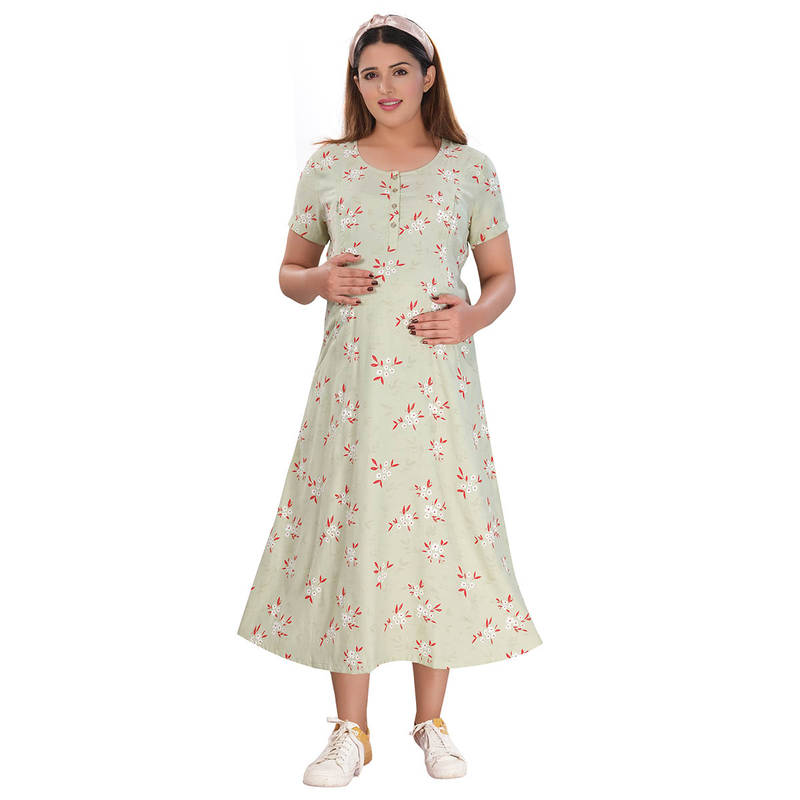 Pear Green Floral Round Neck Maternity/Feeding Short Dress