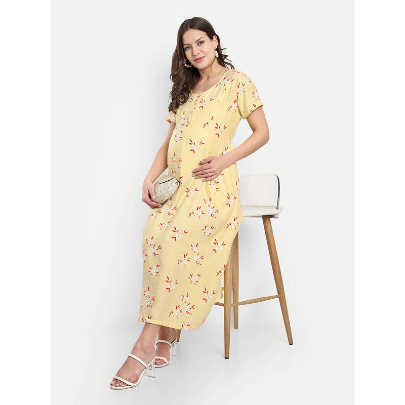 Yellow Floral Round Neck Maternity/Feeding Short Dress