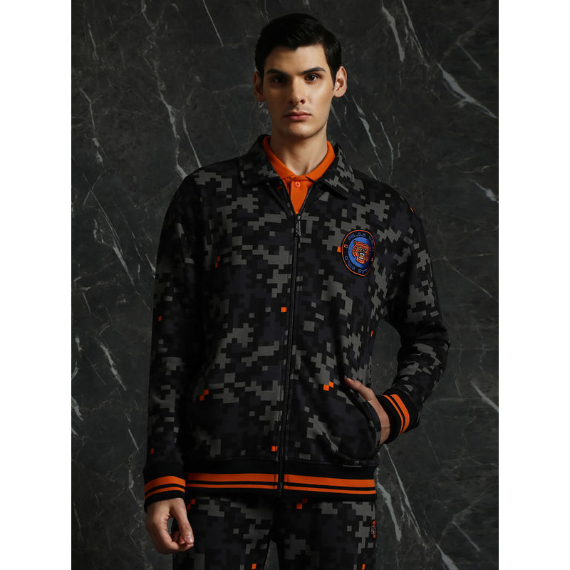 BREAKBOUNCE Black Camo Printed Oversized Jacket (XS)