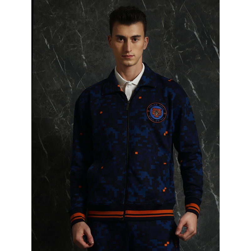 BREAKBOUNCE Navy Camo Printed Oversized Jacket (XS)