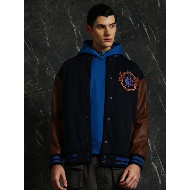 BREAKBOUNCE Navy Oversized Bomber Jacket with Pu Sleeve (XS)